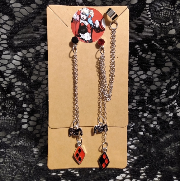 Harley Quinn Geometric Long Chain Rhinestone Earrings With Cuff - Picture 4 of 5